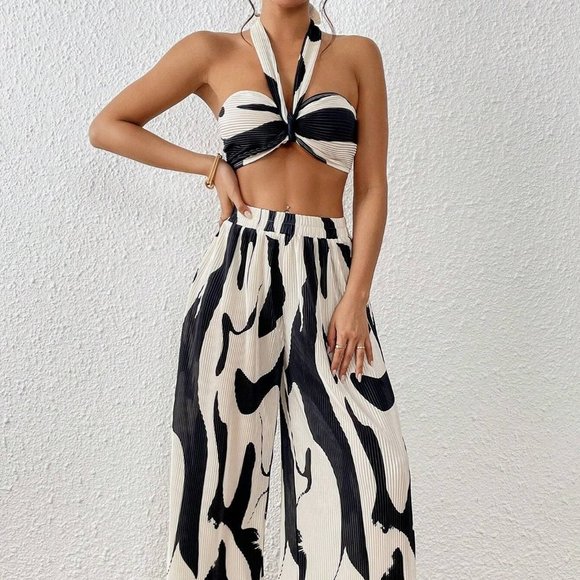 Black & White Boho Womens Graphic Print Halter Top & Wide Leg Pants - Picture 5 of 5